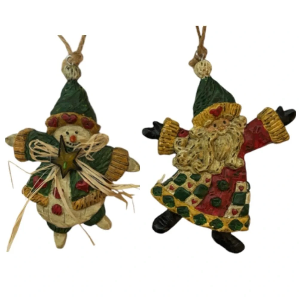 Whimsical Christmas Ornaments Hand Crafted Vintage Snowman Santa 2 Pc Set Red